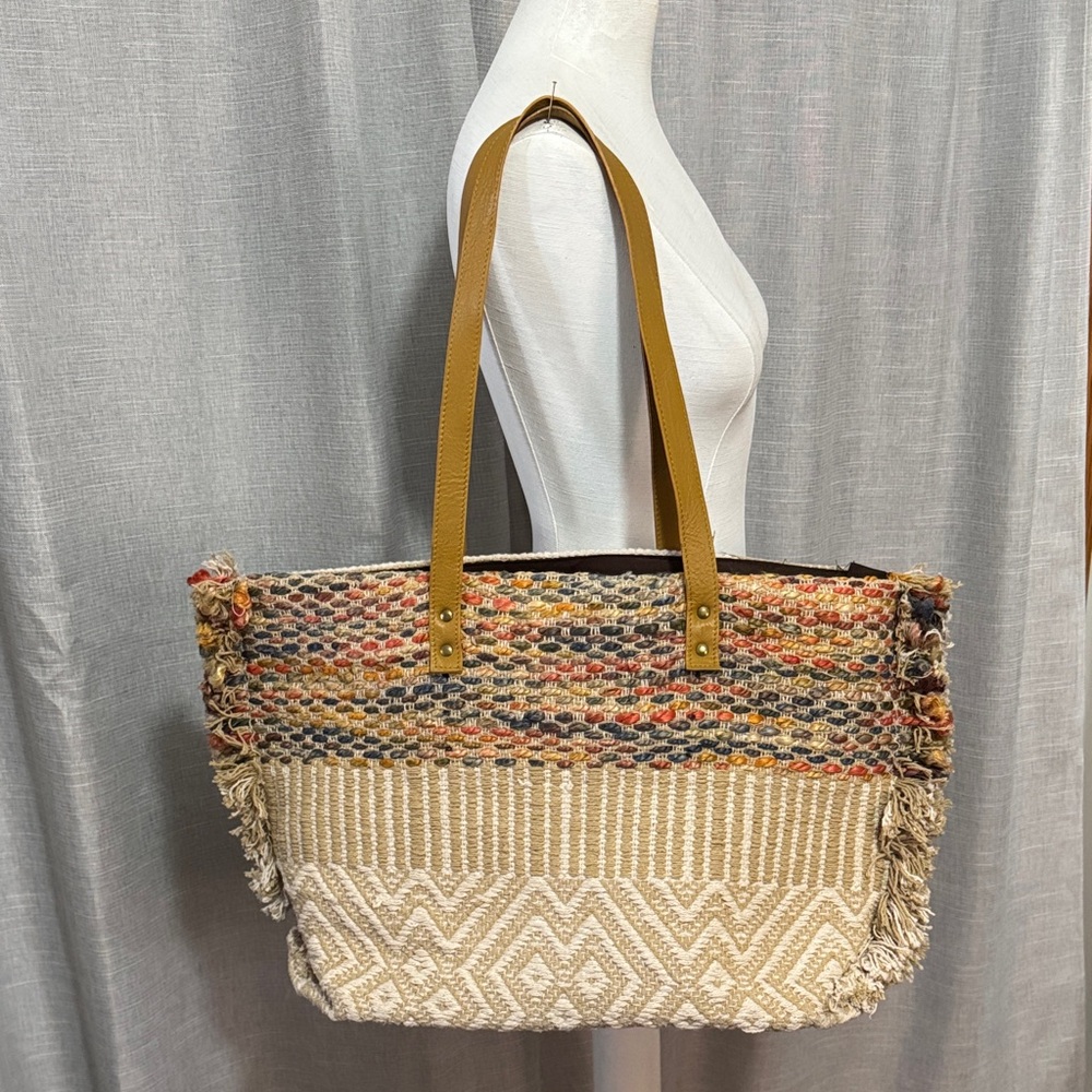 100% Cotton ZipTop Bag-Bella by Becker-Woven Multi Color-Faux Leather Straps